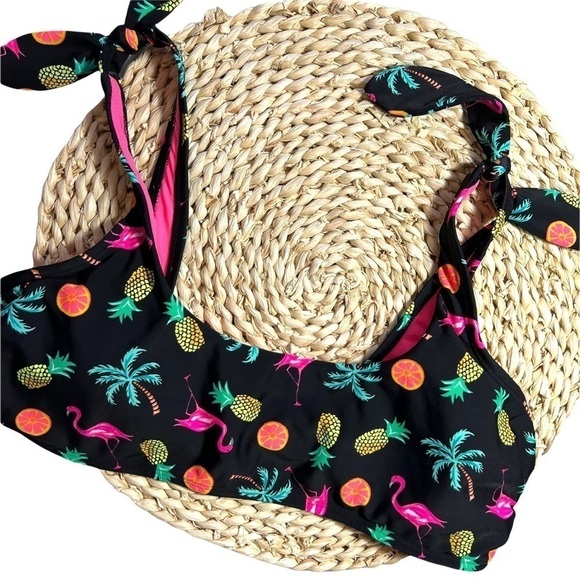 Xhilaration Black Neon Vibrant Tropical Flamingo, Pineapple Bikini Top - Picture 13 of 13